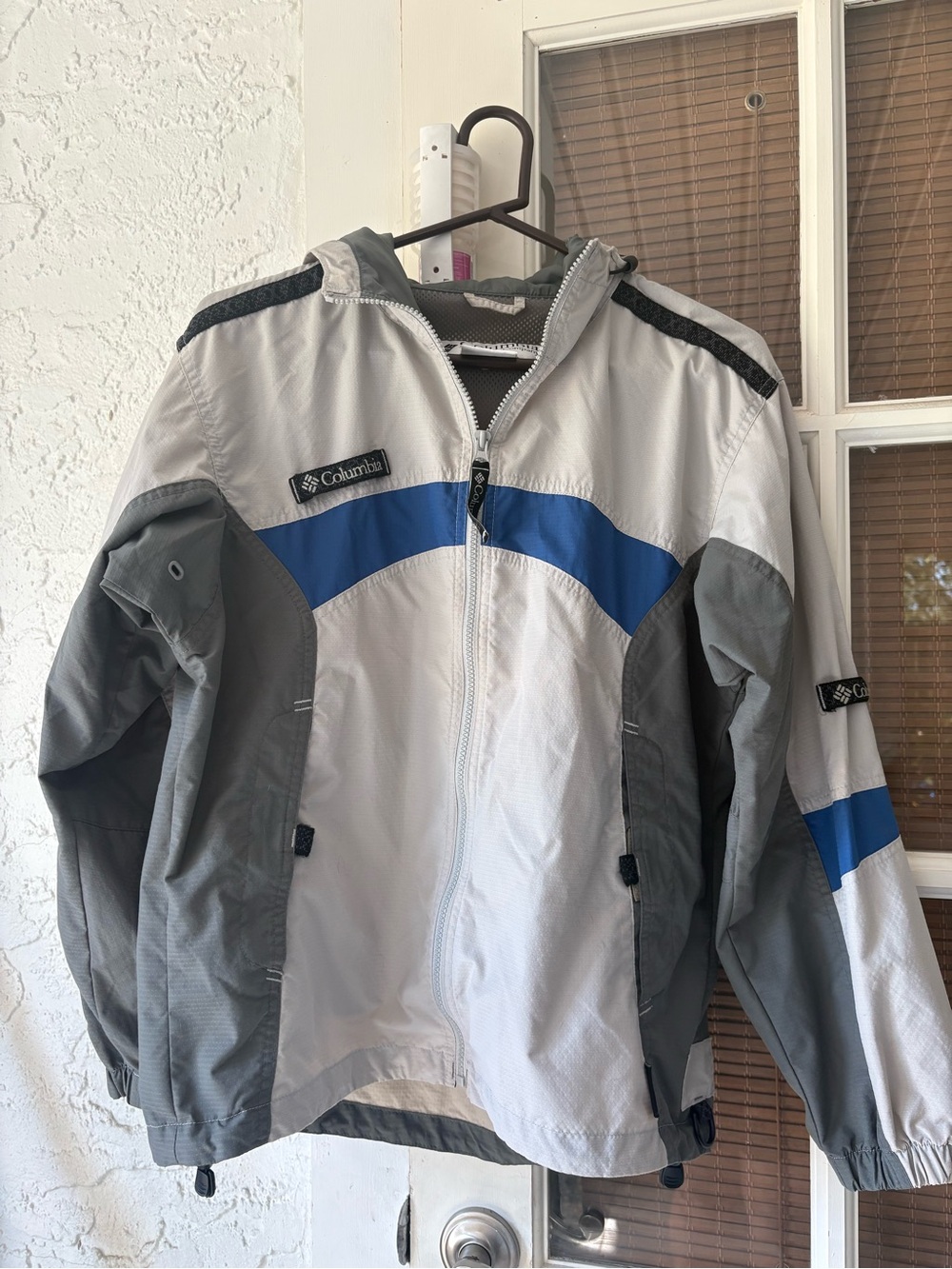 Columbia Men's Light Gray, Dark Gray & Blue Hooded Raincoat
